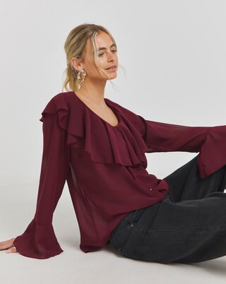 Wine Romantic Ruffle Button Through Blouse | Simply Be (UK)