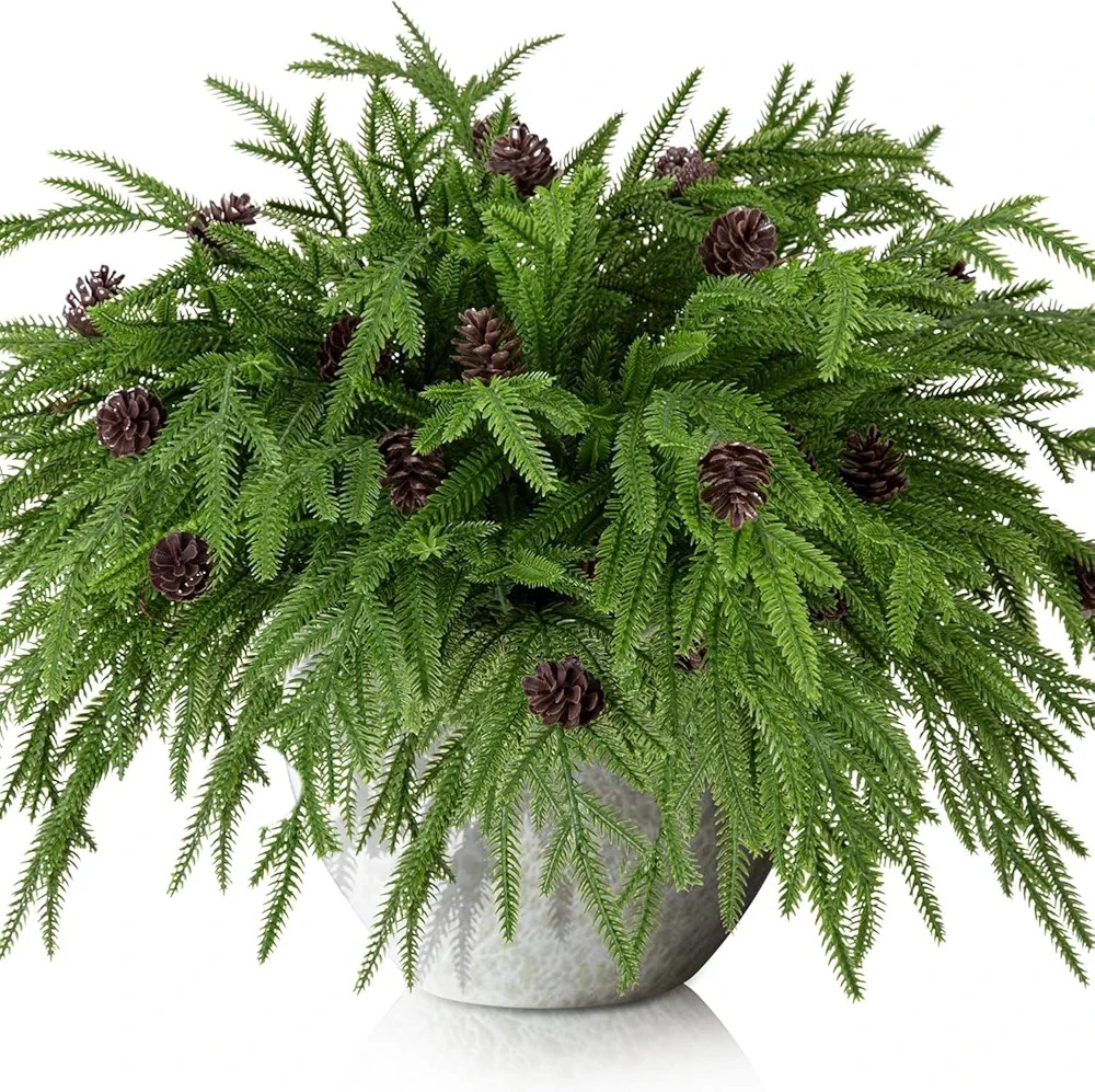 Watayo 10 Pcs Christmas Norfolk Pine Branches with Pine Cones- 19" Extra Length Fake Greenery Nor... | Amazon (US)