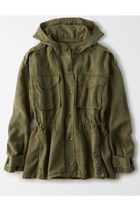 AE Hooded Military Jacket Women's Olive M | American Eagle Outfitters (US & CA)