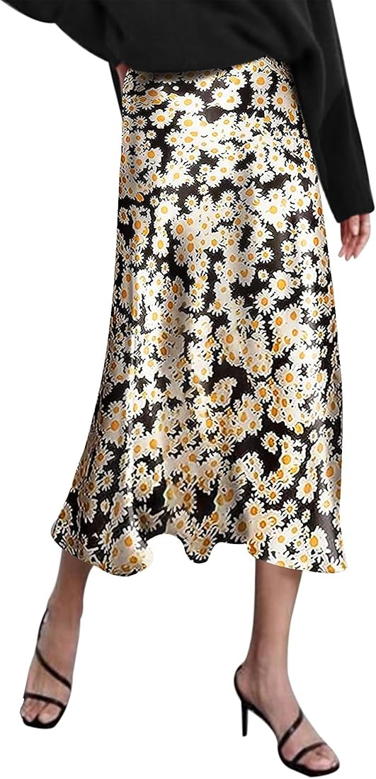 Zeagoo Skirts for Women Jacquard High Waist Skirt Black Elegant Midi Skirt Satin | Amazon (US)