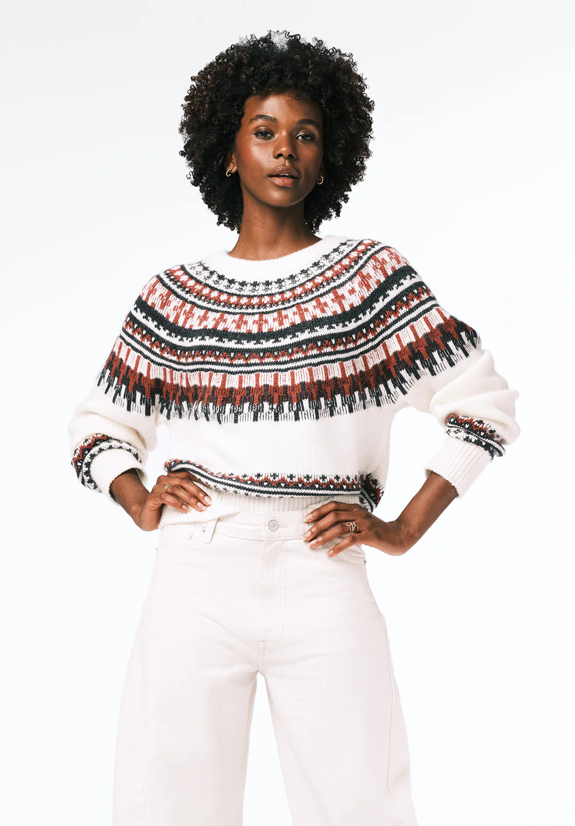 Glenda Women's Fair Isle Knit Crewneck Sweater, Ivory - SW0149 | Buffalo David Bitton