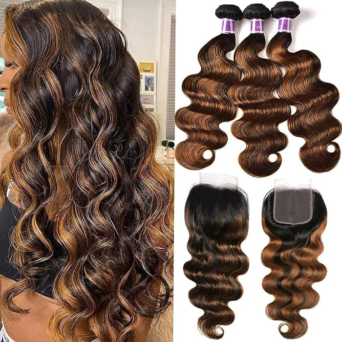 UNICE Brown Highlight Body Wave Human Hair 3 Bundles with 4x4 lace closure, Brazilian Remy Hair O... | Amazon (US)