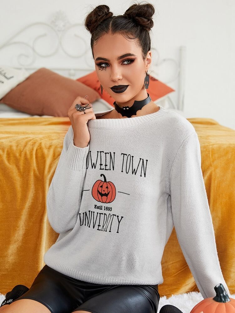Halloween Pumpkin And Letter Pattern Sweater | SHEIN