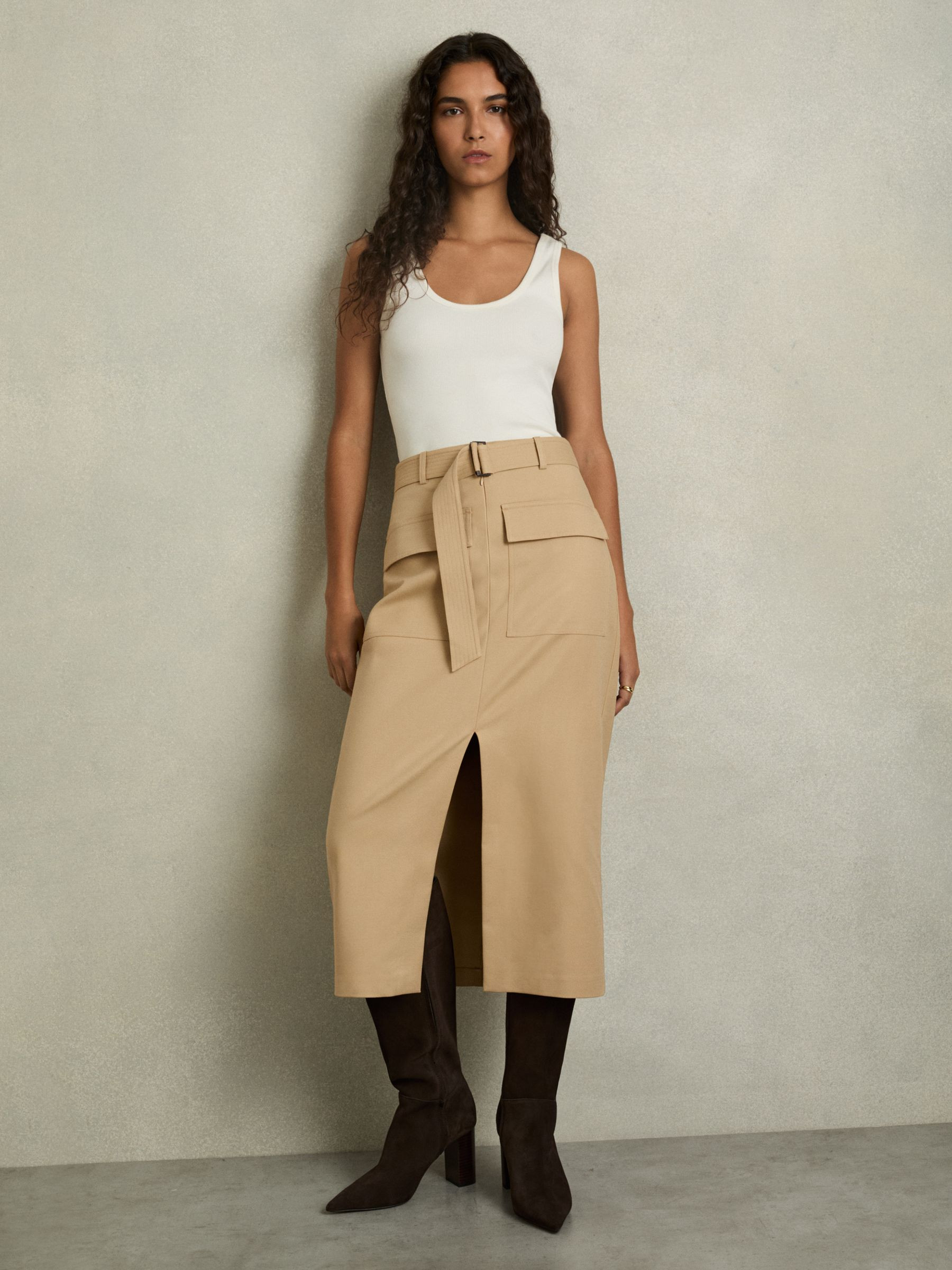 Cargo Pencil Skirt With Cotton in Camel | Reiss US
