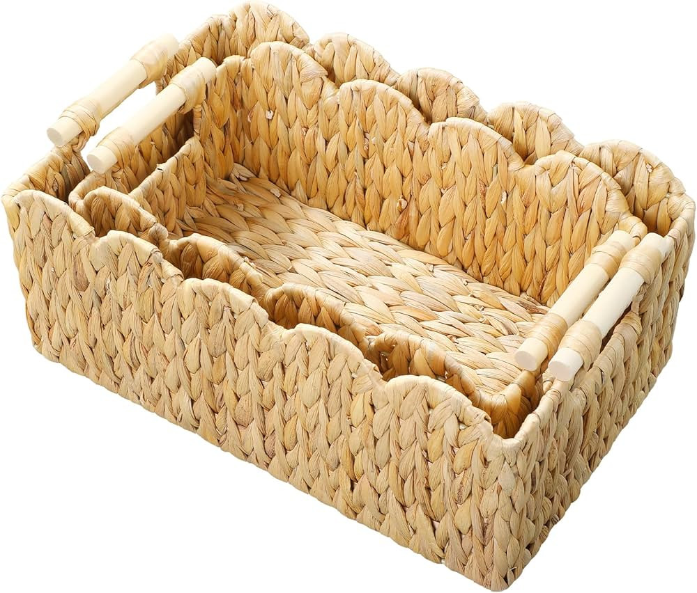 Scalloped Edge Wicker Basket,Hand-Woven Rattan Baskets with Wooden Handles,Natural Water Hyacinth... | Amazon (US)