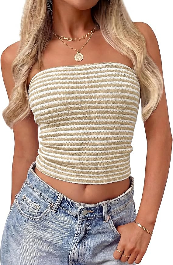 ZESICA Women's Spring Striped Strapless Crop Tube Tops 2026 Summer Knit Bandeau Going Out Shirts ... | Amazon (US)