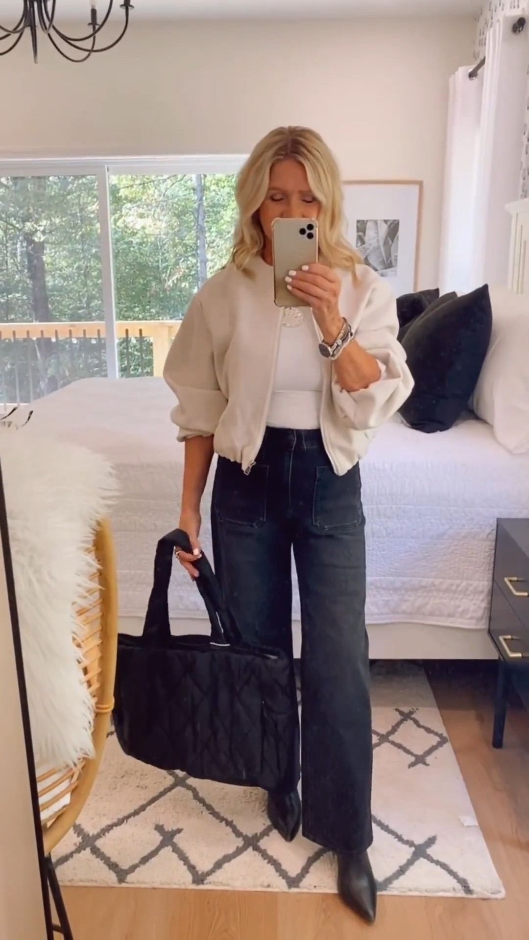 Casual Zip Up, cropped jacket, bodysuit, faded black wide leg - high rise jeans and black leather ankle boots  Fits TTS/ wearing size Small jacket/s bodysuit/26 jeans/ I am 5 l’ for size reference #LTKFallSale

#LTKStyleTip #LTKPetite