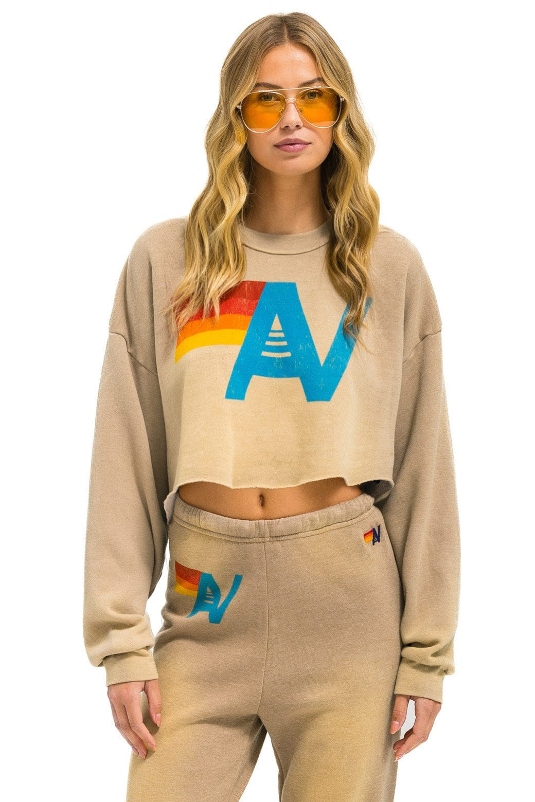 VINTAGE LOGO CROPPED CREW SWEATSHIRT RELAXED - FADED TAN | Aviator Nation