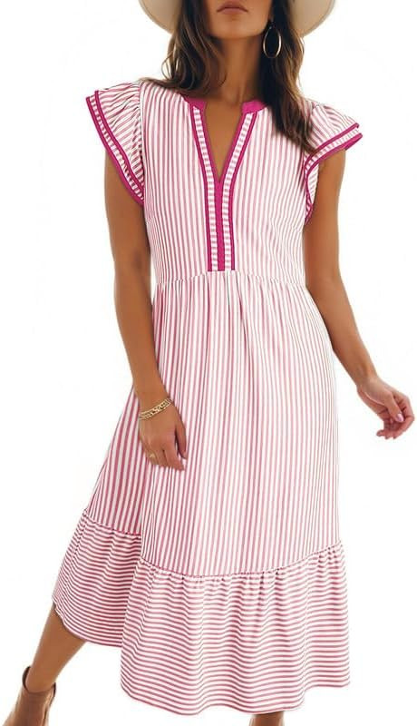 Dokotoo Womens Dresses 2026 Summer V-Neck Ruffle Cap Sleeve Empire Waist Flowy Striped Beach Midi... | Amazon (US)