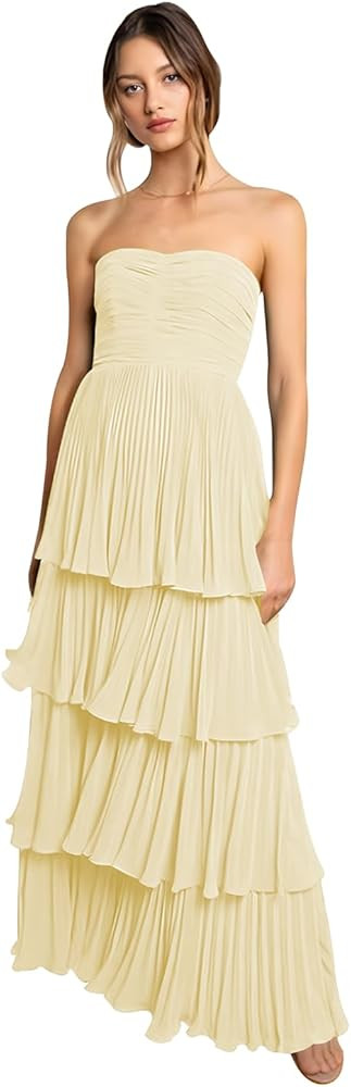 Tiered Strapless Ruffle Prom Dresses Long for Women 2024 A Line Chiffon Bridesmaid Dress Off The ... | Amazon (US)