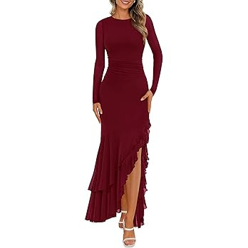 BTFBM Women's Maxi Dresses Fall 2025 Long Sleeve Ruched Bodycon Solid Ruffle Mermaid Cocktail Wed... | Amazon (US)