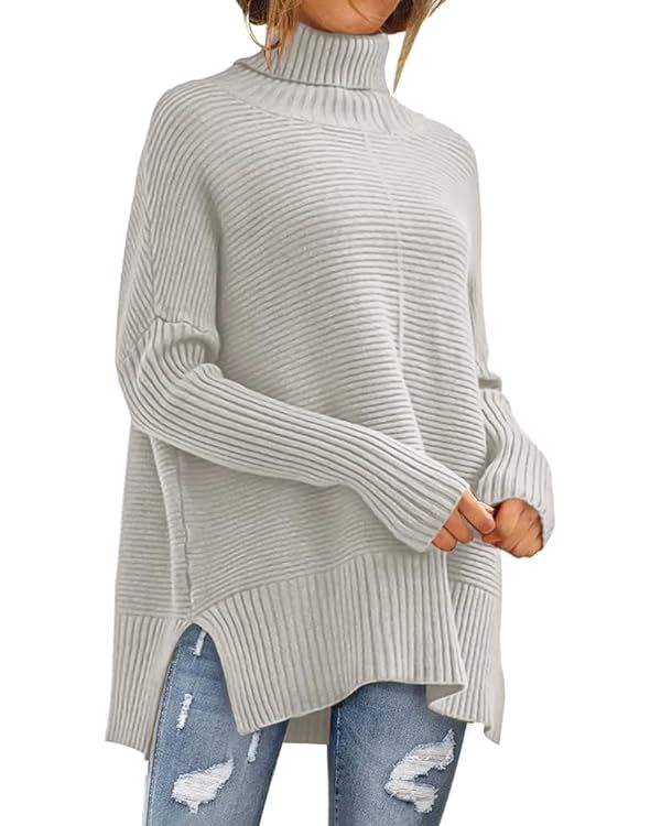 ANRABESS Womens 2023 Fall Sweaters Oversized Turtleneck Long Batwing Sleeve Split Hem Pullover Kn... | Amazon (US)