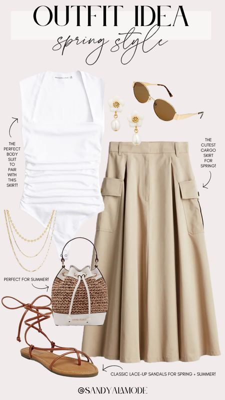 Elevated casual spring outfit | neutral spring outfit | affordable chic spring style | chic summer outfit idea | flattering white bodysuit | cargo maxi skirt | straw bucket bag | lace up sandals | Amazon spring fashion | gold layered necklace | designer inspired sunglasses | gold pearl flower earrings  

#LTKfindsunder100 #LTKstyletip

#LTKSeasonal