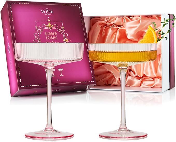 Rose Pink Ribbed Coupe Cocktail Glasses 8 oz | Set of 2 | Retro Style Classic Manhattan Glasses F... | Amazon (US)