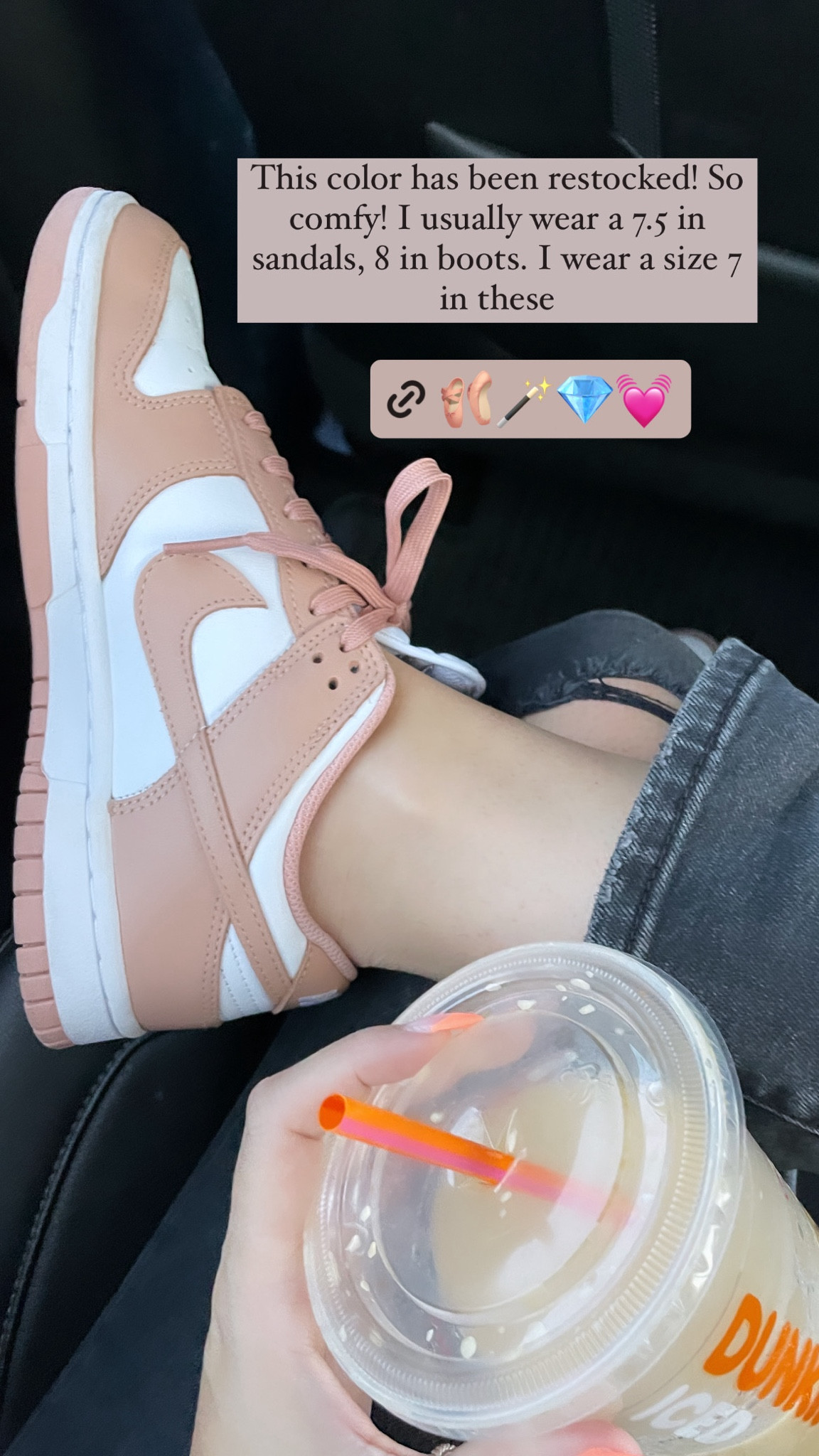 The prettiest pink dunks have been restocked! I wear a size 7 in these, so they run 1/2 size big. Will work for wide feet too 🩰
