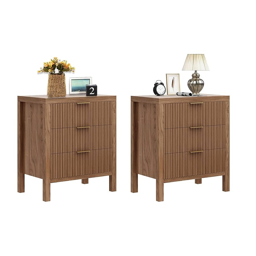 Fluted Nightstands Set of 2, Wooden Farmhouse Night Stands with 6 Drawer Bedside Table - Boho Tal... | Amazon (US)