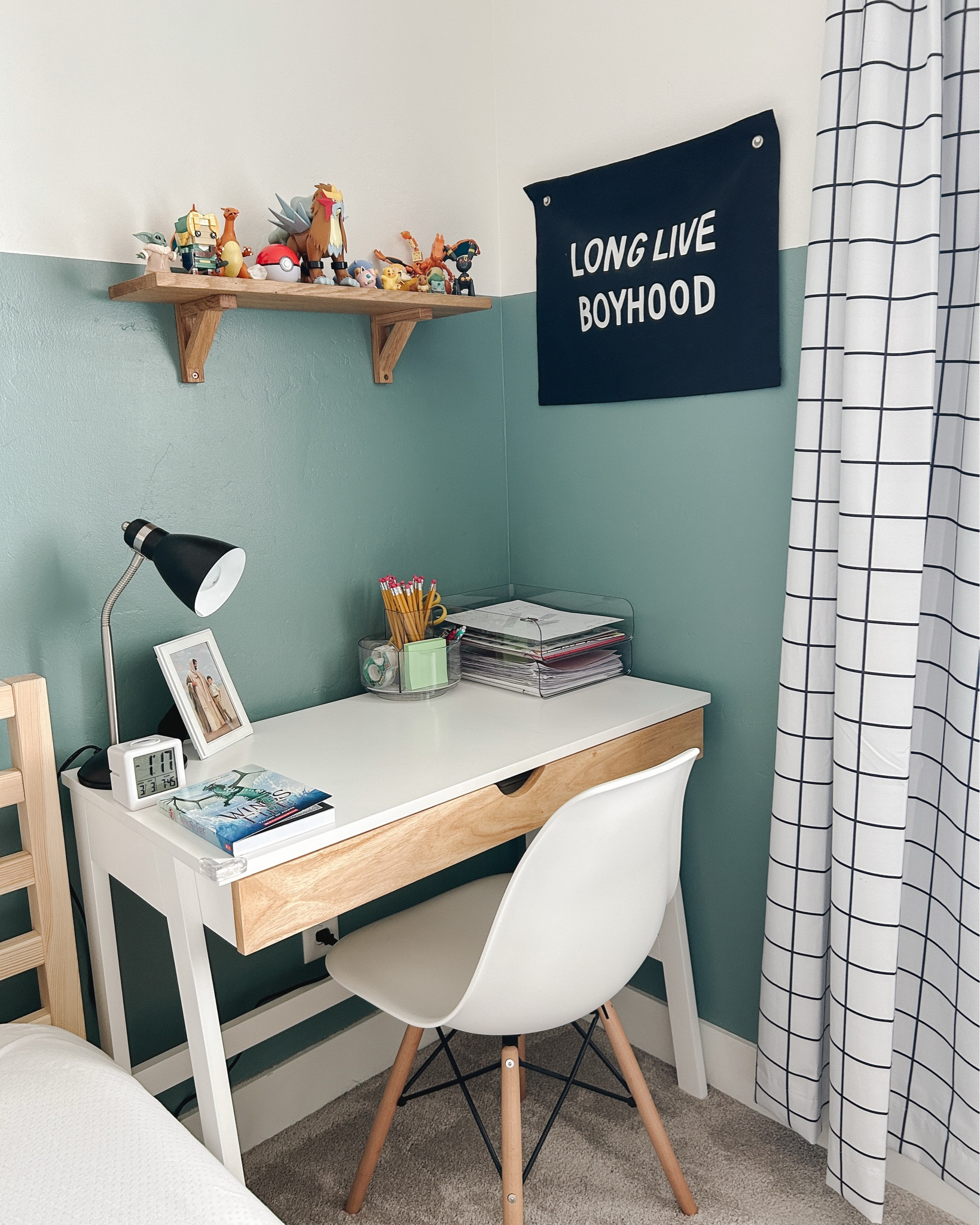 We’re so close to finishing James’s room, and here’s my favorite nook! James loves creating, and one of the main reasons for redecorating his room was to give him a dedicated creativity nook. He loves drawing, writing comic books, collecting Pokémon treasures, and reading, so we needed a space to fit all of these fun passions. This desk nook is perfect! We especially love his desk, chair, and desktop essentials—like the cute lamp, alarm clock, letter trays, rotating desk organizer, and more! 

#LTKFindsUnder50 #LTKWatchNow #LTKHome