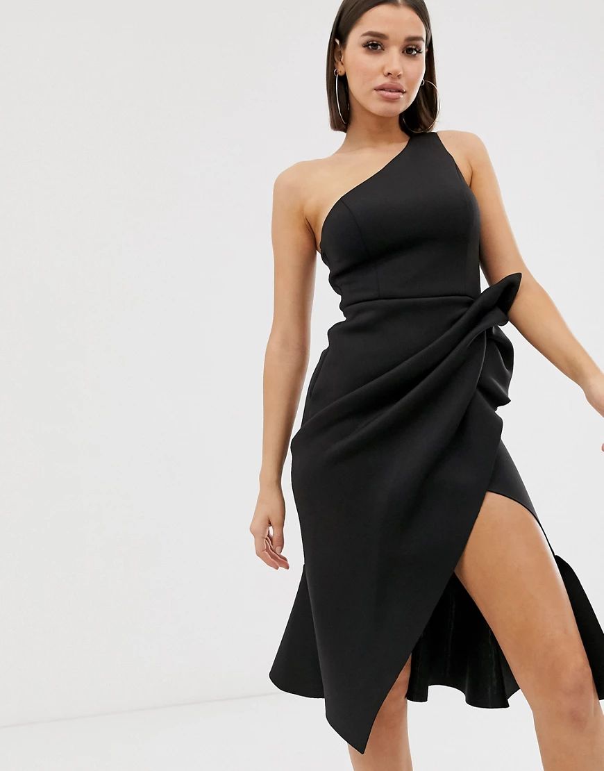 ASOS DESIGN one shoulder tuck detail midi dress in black | ASOS (Global)