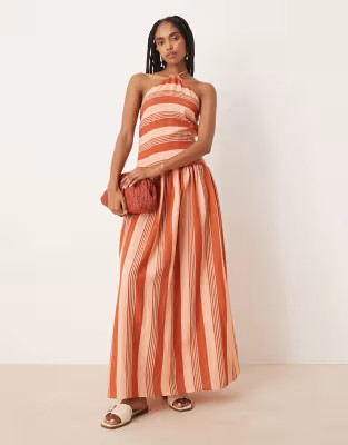 ASOS DESIGN halter neck dropped waist maxi dress in terracotta stripes | ASOS (Global)