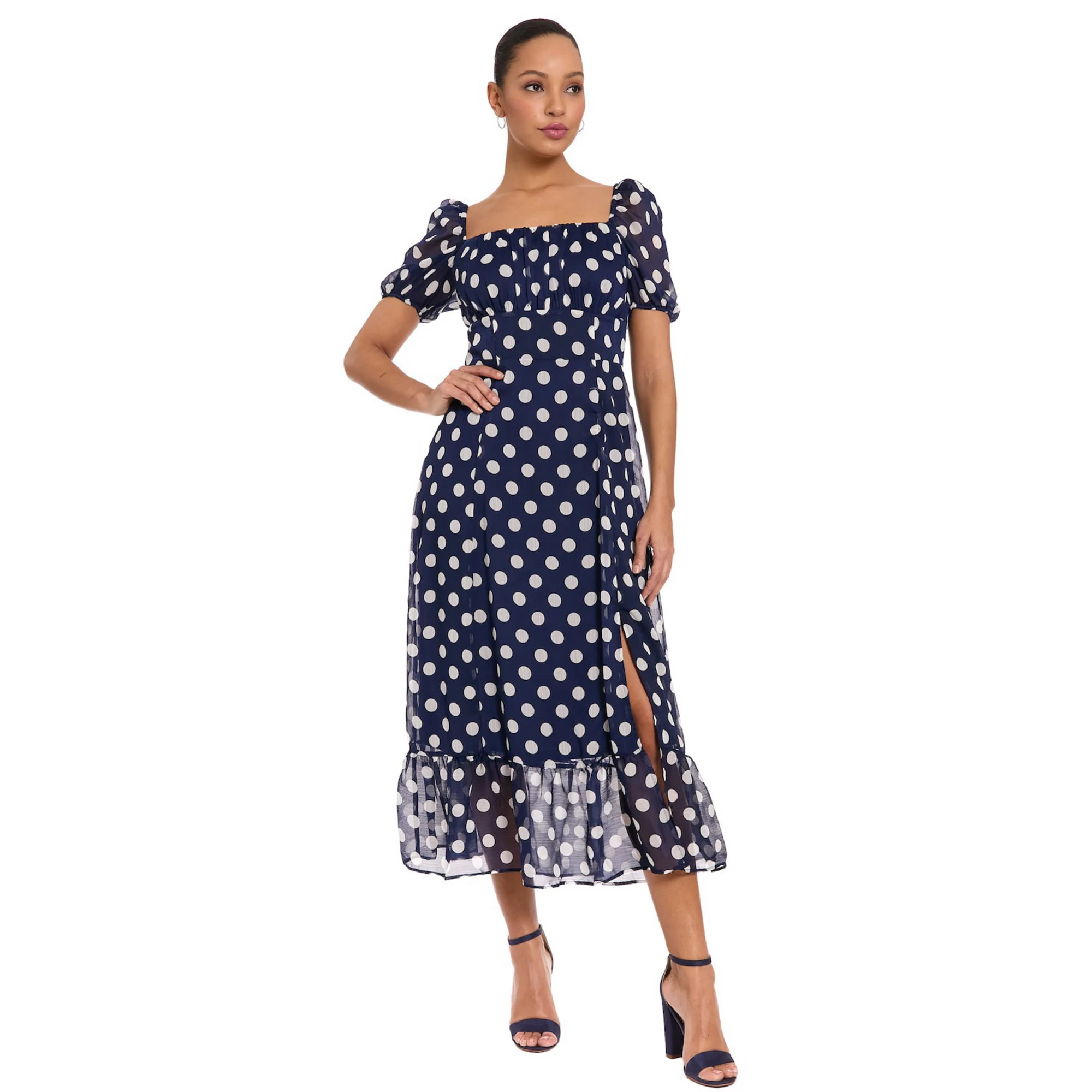 Women's London Times Puffed Sleeve Ruched Empire Smocked Back Midi Dress | Kohl's