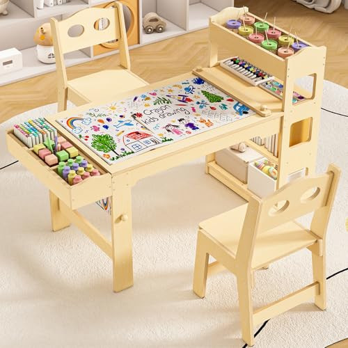 Acenova Kids Art Table and Chairs Set with Paper Roll and Storage, Wooden Craft Table with 2 Chairs, Kids Desk with Storage for Drawing Learning Reading, Toddler Activity Play Desk Classroom | Amazon (US)