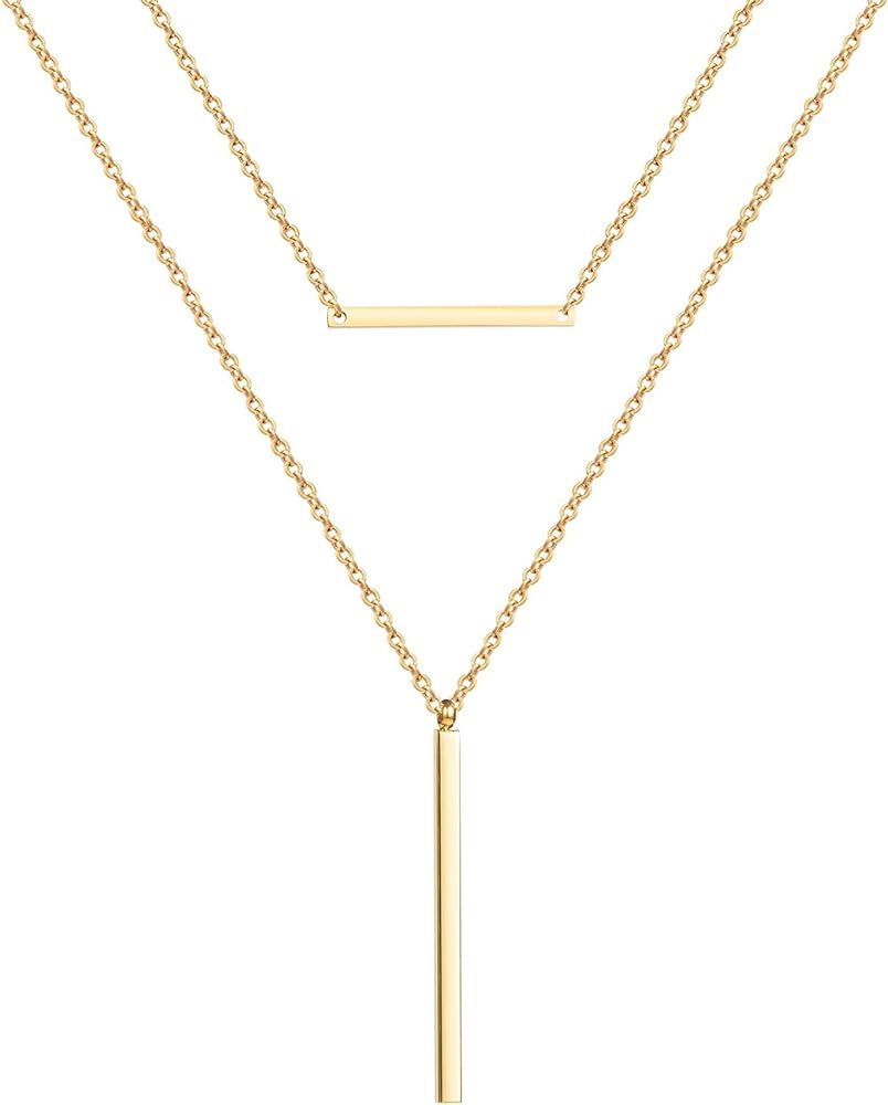 Dainty Gold Layered Bar Neckalce Moon Pendant Lariat Y Necklace 14K Gold Simple Necklace for Wome... | Amazon (US)