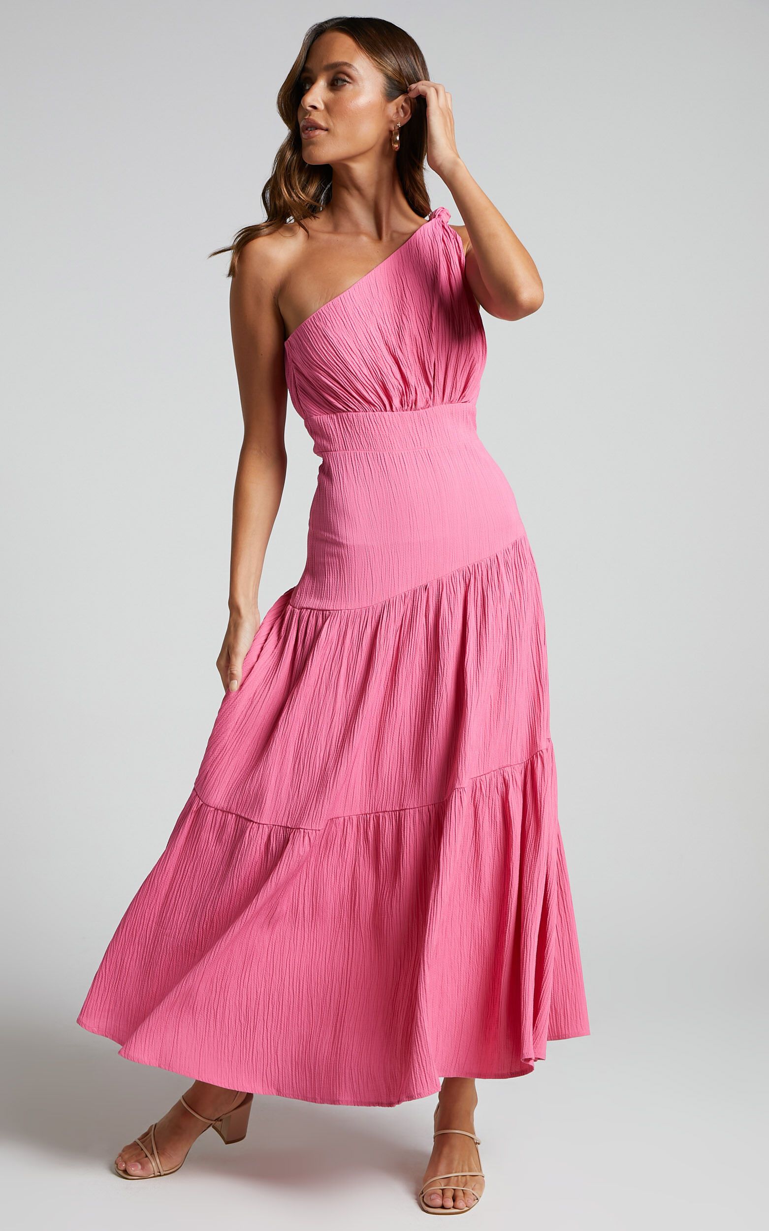 Celestia Midi Dress - Tiered One Shoulder Dress in Bright Pink | Showpo (US, UK & Europe)