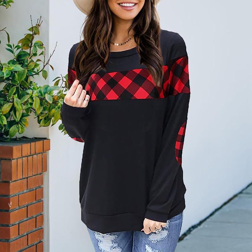 Womens Long Sleeve Color Block Plaid Tops Elbow Patch Casual Shirt Pullover Sweatshirt | Amazon (US)