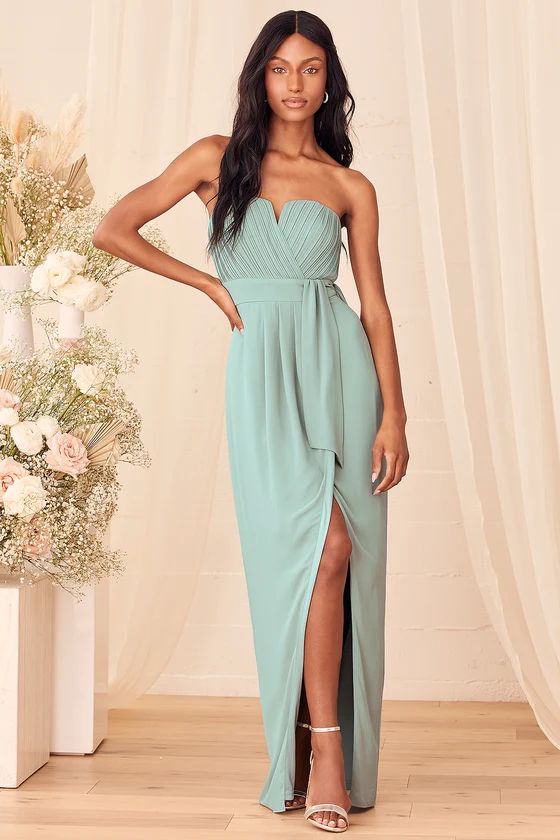 Easy Elegance Sage Brush Pleated Strapless Maxi Dress | Lulus (US)