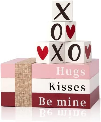 DAZONGE Valentine Decorations, Valentine Tiered Tray Decor - 1 Set of Book Stack Wooden Sign, 4PCS X | Amazon (US)