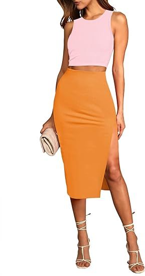 HUUSA 2 Piece Dress for Women Sexy Sleeveless Slim Bodycon Split Midi Dresses Casual Crewneck Tan... | Amazon (US)