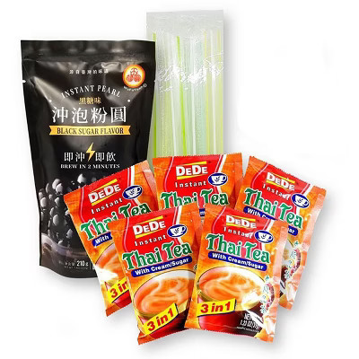 Bubble Tea DIY Thai Boba Iced Tea Kit with 5 DeDe Instant Milk Tea, WuFuYuan Instant Black Tapioca Pearls, and 5 Boba Straws (11-Pc Set) | Target