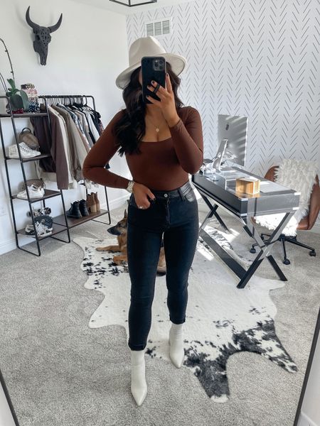 Brown bodysuit outfit 🐻🤎 

Bodysuit — small
Jeans — 26

Amazon fashion | amazon finds | amazon must haves | found it on amazon | amazon bodysuit | shapewear bodysuit | chocolate brown bodysuit | black high waisted skinny jeans | wool hat | sock booties 

#LTKunder50 #LTKshoecrush #LTKstyletip