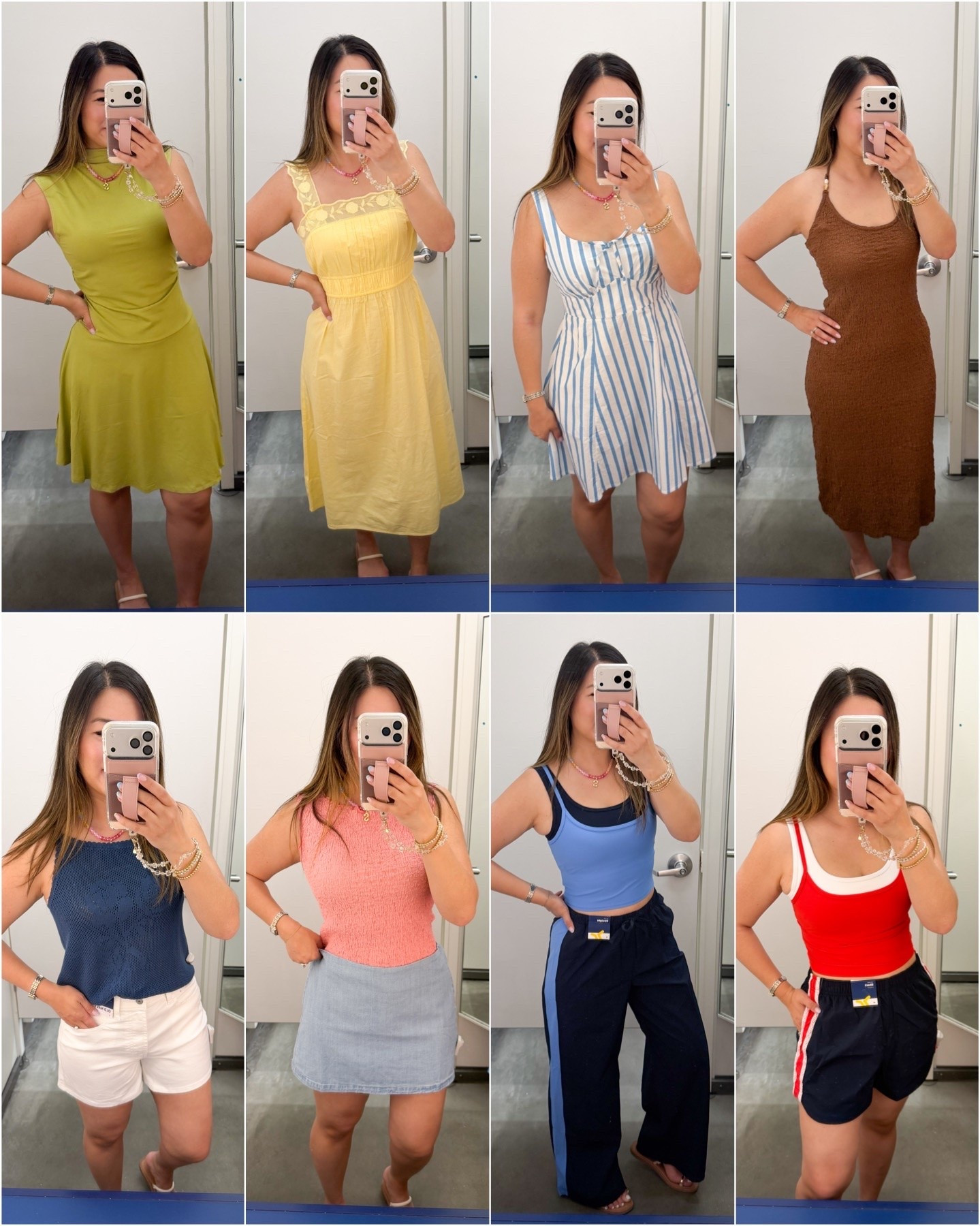 Old Navy Summer Outfits 50% off!
Green Dress: Medium (could do Small)
Yellow Dress: Small
Blue Striped Dress: Small
Brown Dress: Medium (could do Small)
Blue Tank: Small
White Shorts: 8
Pink Tank: Small
Skort: Medium
Athleisure Tanks: Medium
Track Pants: Small
Track Shorts: Medium