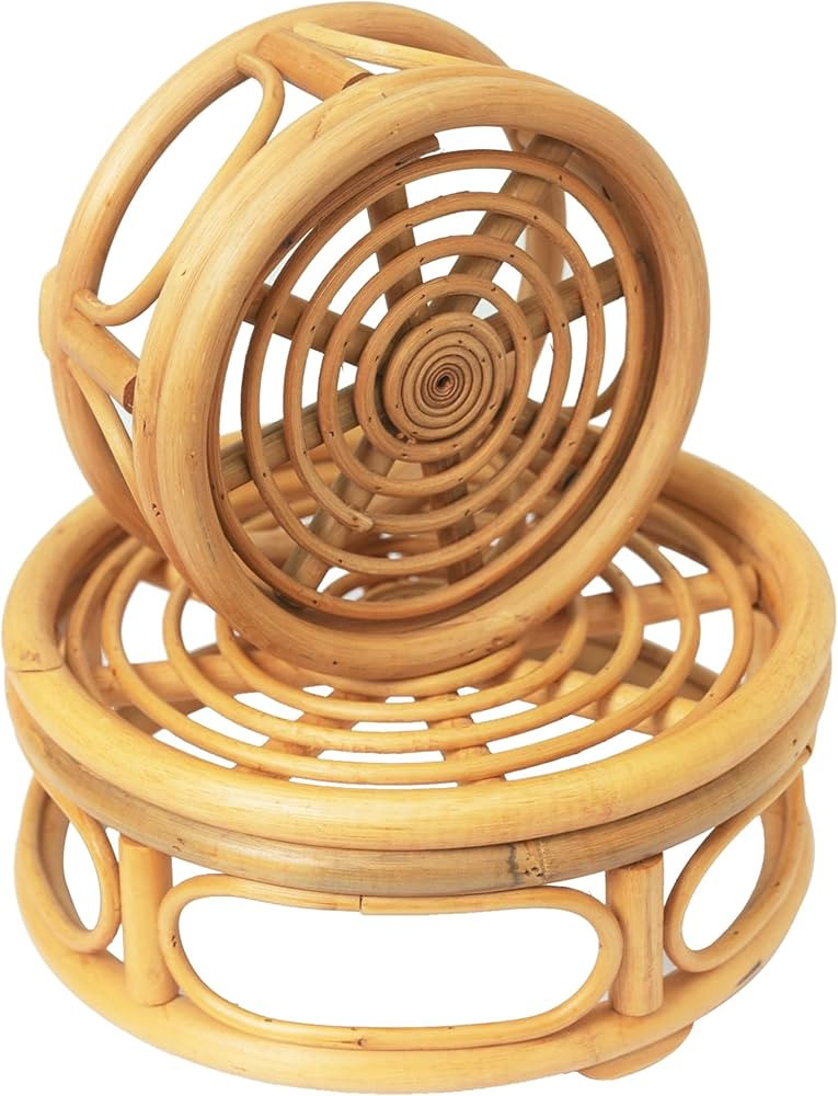 Set of 2 Boho Rattan Woven Round Decorative Risers Plant Stands Indoor, Mid Century Minimalist Mo... | Amazon (US)