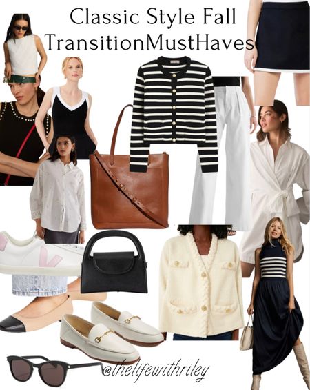 Fall Transition Must Haves 

🥿 toe cap ballet flats 
👟 white sneakers 
👞 loafers
👝 black handbag
👜 brown leather tote bag 
🥼 white embellished shirt 
🧥 cream pearl button cardigan 
👗 white shirt dress
🖤 black and white skort 
⚪️ white linen pants 
🌊 navy and white stripe cardigan jacket 
🔲 black and white knit tank 
🩵 navy embellished pearl tank 
🤍 white shell tank 

Classic style, fall transition capsule, classic style must haves, Sofie Richie, quiet luxury, old money style, timeless style, timeless fashion, classic wardrobe

#LTKSeasonal #LTKstyletip #LTKFind