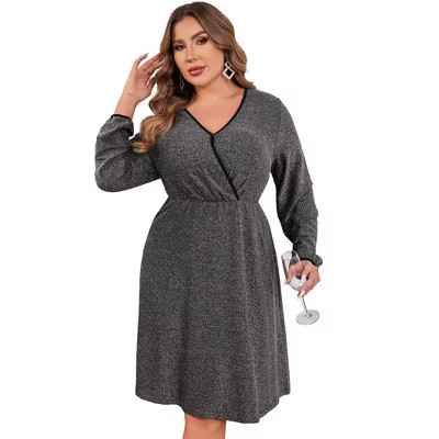 Clearlove Plus Size Women Long Sleeve V Neck Party Dress Silver Black X Large | Target