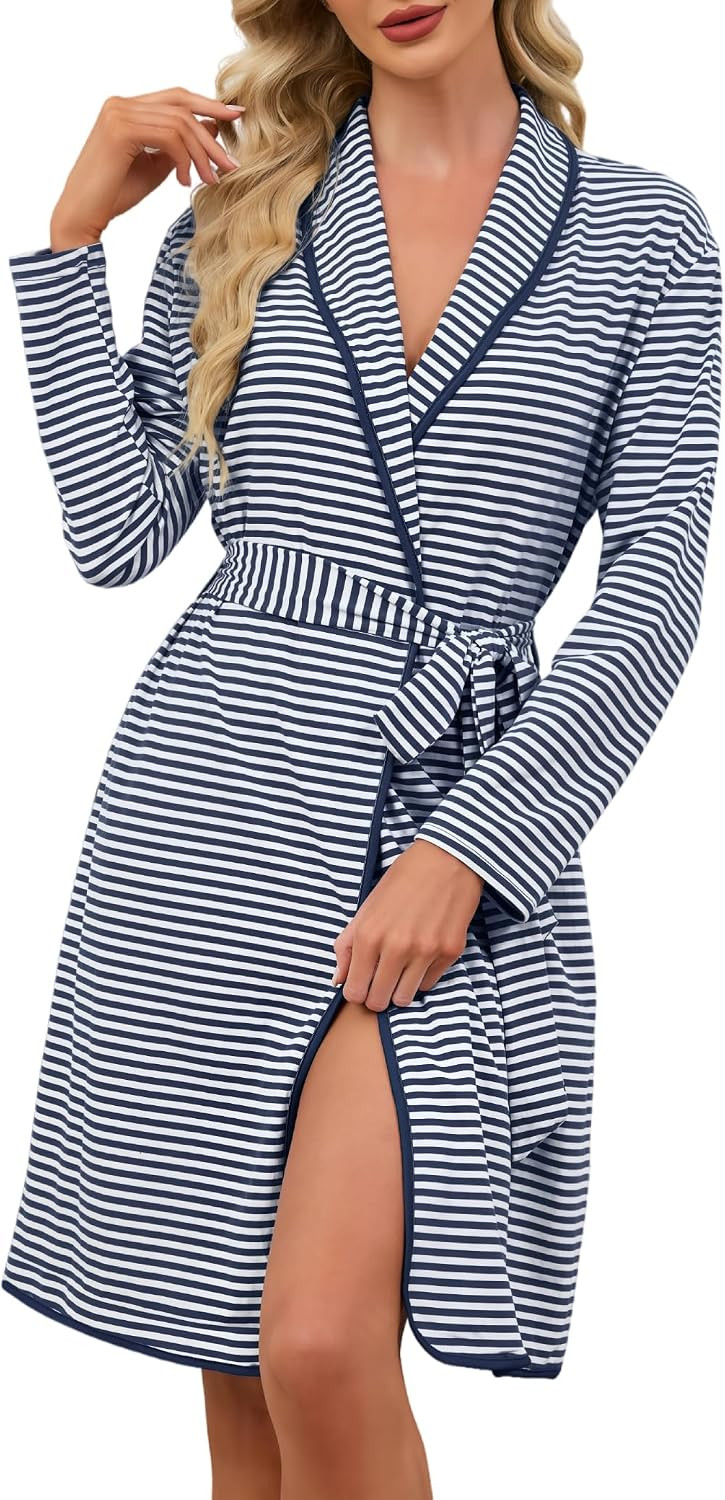 Womens Robe Cotton Srtiped Bathrobe with Pockets | Amazon (US)