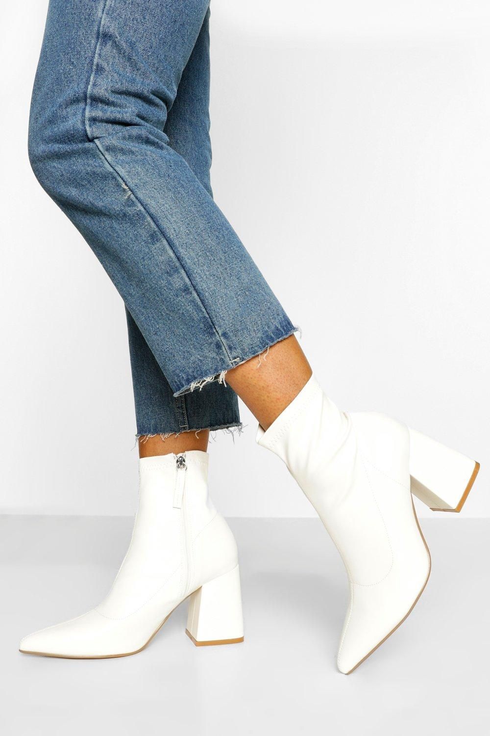 Womens Block Heel Pointed Toe Shoe Boot - White - 9 | Boohoo.com (US & CA)