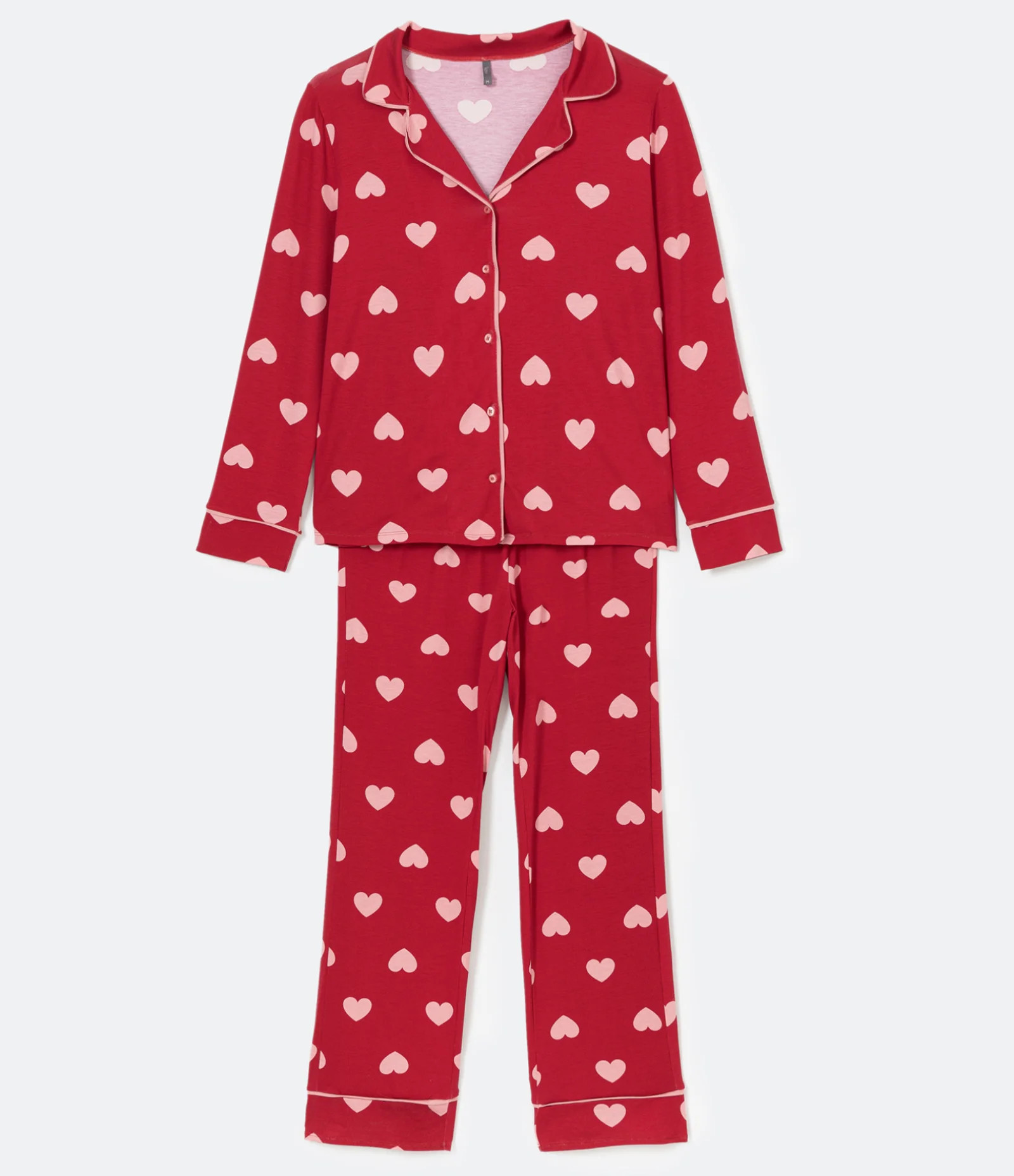 Pijama Americano Longo em Viscolycra com Estampa de Coraçõezinhos Vermelho - Lojas Renner | Renner (BR)