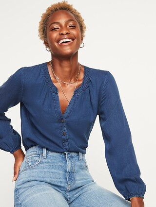 Women / TopsChambray Split-Neck Popover Blouse for Women | Old Navy (US)