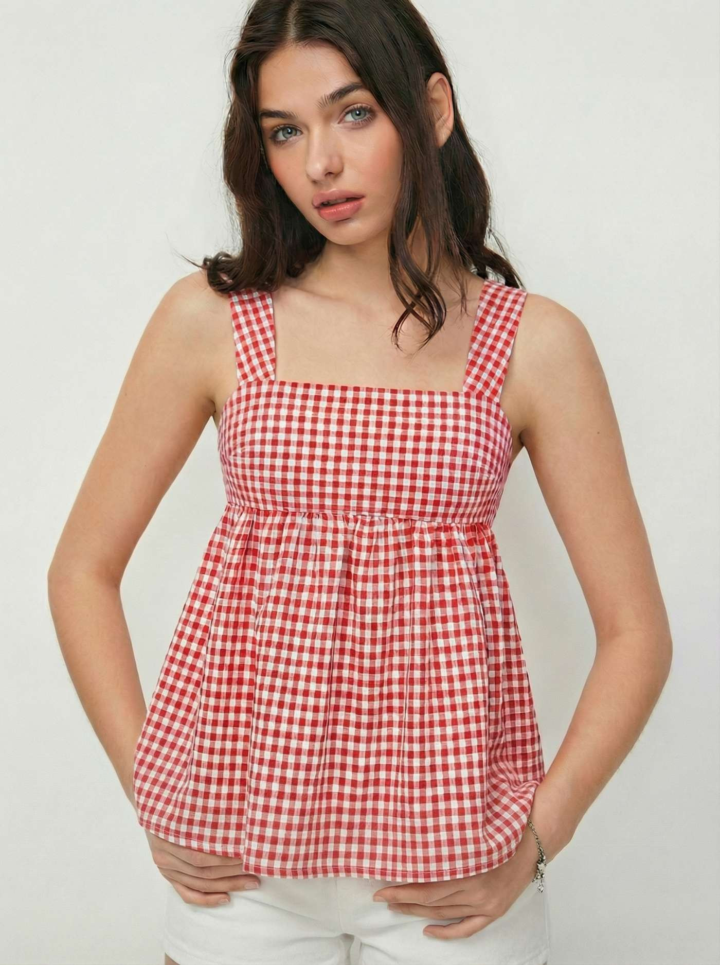 Woven Cotton-blend Gingham Square Neck Bowknot A-line Cami Top For Daily Casual Picnic | Cider