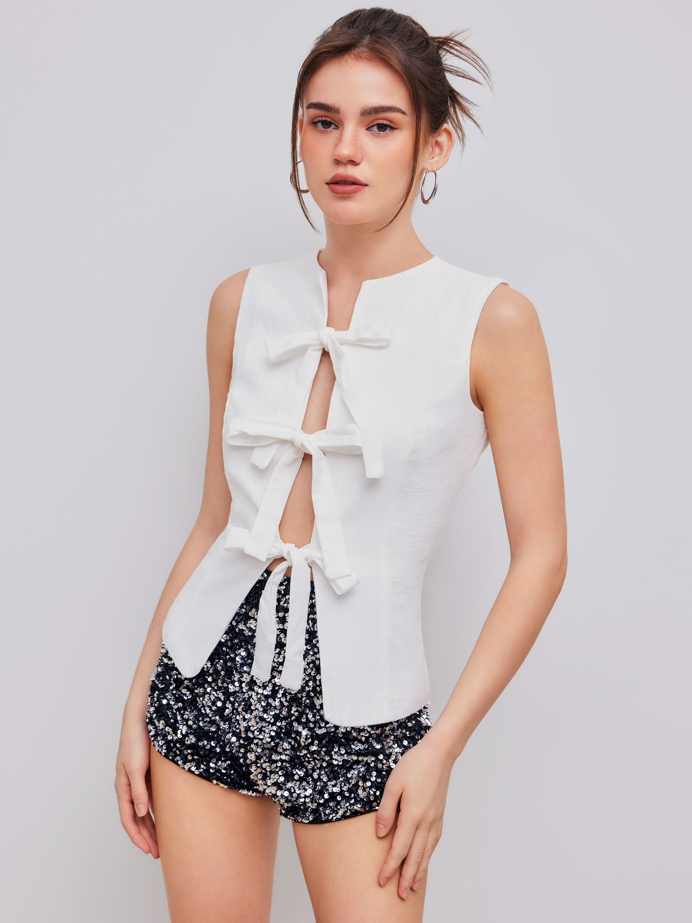 Woven Cotton 100% Cotton Round Neck Solid Bowknot Sleeveless Vest For Vacation | Cider