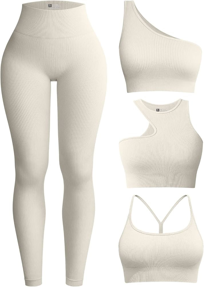 OQQ Womens 4 Piece Workout Outfits Ribbed Yoga High Waist Leggings with 3 Piece Crop Tops with Sp... | Amazon (CA)
