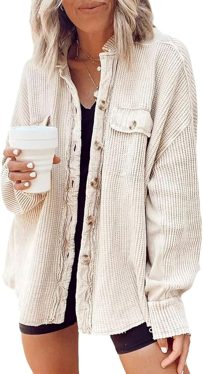Newchoice Womens Waffle Knit Shacket Fall Long Sleeve Button Down Blouse Casual Loose Shirt Jacke... | Amazon (US)