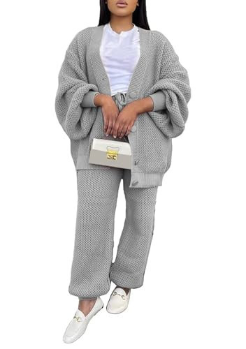 LROSEY Women 2 Piece Lounge Sets Outfits Oversized Button Down Cardigan Sweaters Set Cable Knit Sweater Pants | Amazon (US)