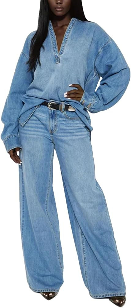 VOIKERDR Denim Set for Women 2 Piece Outfits Long Sleeve Top and Wide Leg Jean Y2K Clothes Street... | Amazon (US)
