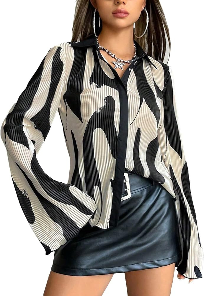 Verdusa Women's Bell Long Sleeve Collar Button Down Plisse Shirt Blouse Top | Amazon (US)