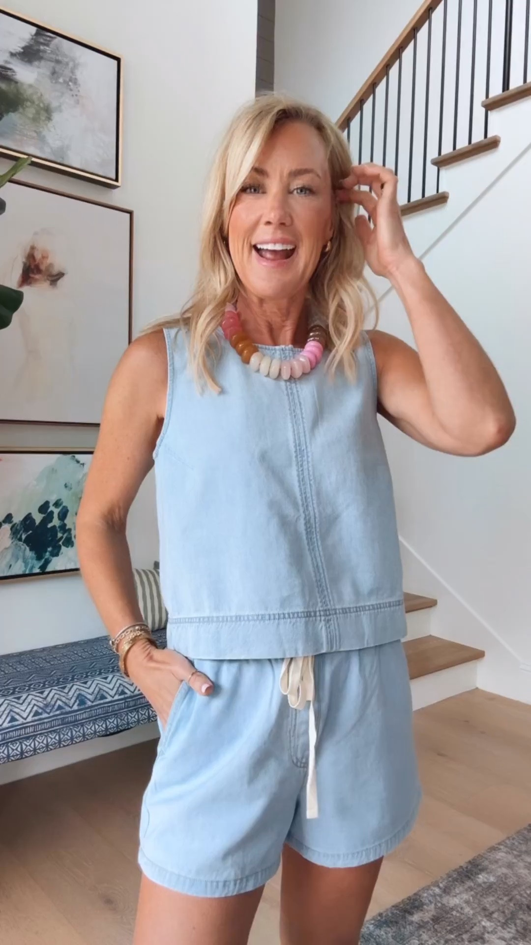 Love this adorable denim matching set! 

Top: XS
Bottom: small  
Sweater: small

#LTKOver40 #LTKSeasonal #LTKootd