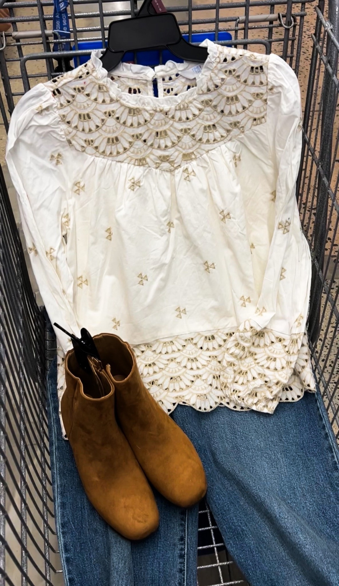 This last minute party outfit never fails! Cute top and flattering jeans. This top is a cotton eyelet, lined, not see through. Fits true to size; I’m a small. Jeans fit tts as well. Boots are comfy and down to $14.99! #walmartfashion #walmartfinds 

#LTKOver40 #LTKFindsUnder50 #LTKFindsUnder100